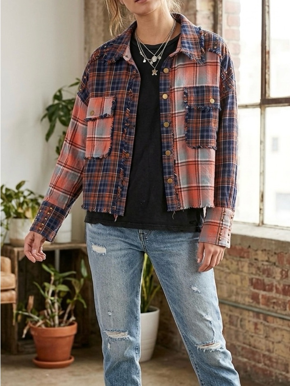 NWT Blue Velvet Plaid Boho Distressed Studded Button Down Shirt Oversized